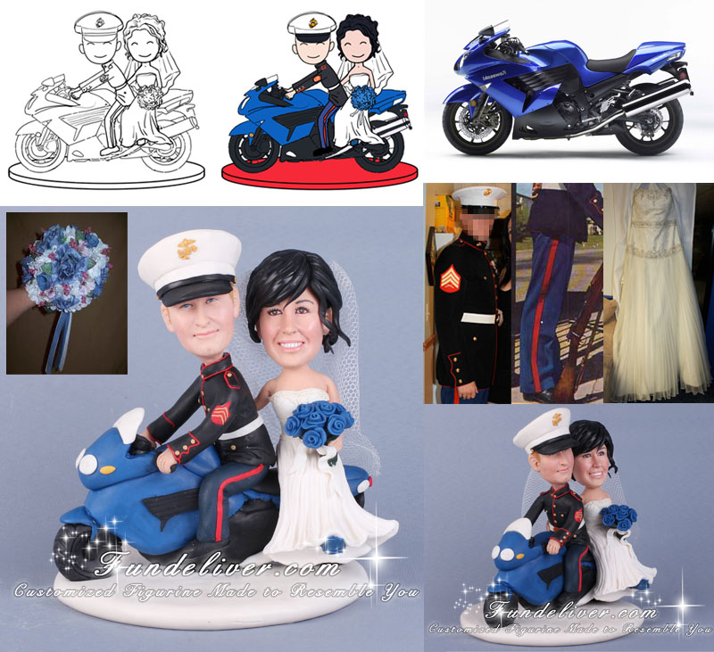 Marine Groom Riding Motorcycle Cake Toppers
